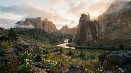 Obraz premium A serene landscape of a river flowing through a valley surrounded by mountains and rocks