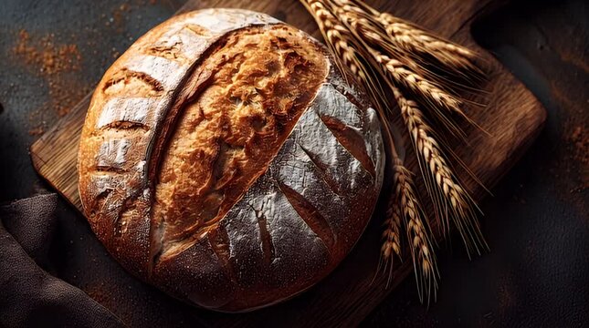 A rustic, round loaf of freshly baked bread sits on a wooden cutting board with wheat stalks. Rustic and inviting