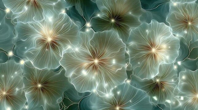 Abstract teal and gold flower pattern with light flares and soft, flowing lines