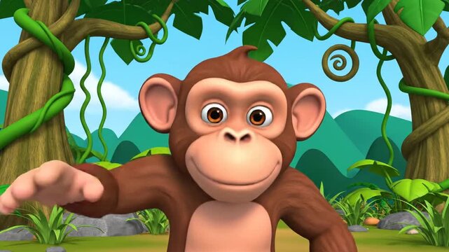 Cartoon monkey waving in a lush green jungle environment