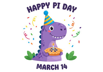 Fototapeta premium Happy pi day dinosaur celebrating with cake and confetti