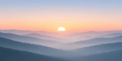A beautiful mountain landscape transitions from the orange glow of a morning sunrise over the forest to a serene evening sunset as clouds and blue fog drift through the sunlit valley © sabrina