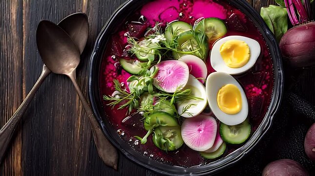 A vibrant bowl features a deep magenta soup, garnished with sliced cucumber, radish, dill, and halves of hard-boiled eggs. Beside are two serving spoons on wooden surface
