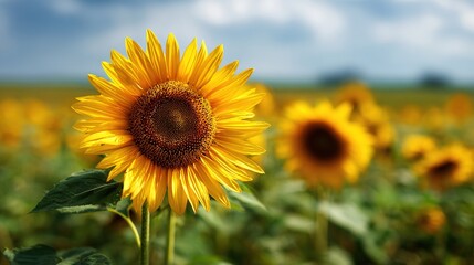 Fototapeta premium Sunflower Symphony: A vibrant sunflower basks in the sun, a beacon of natural beauty amidst a field of kindred blooms. Capturing the essence of summer and the sun's warm embrace.