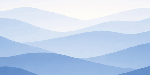 Vector illustration of a blue mountains landscape featuring a misty valley and forest silhouettes under a hazy sunrise sky with morning clouds over the horizon range © AeroVista