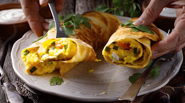 Close-up of scrambled egg wraps on a plate, garnished with greens, held by a hand. A side of creamy dip rests nearby