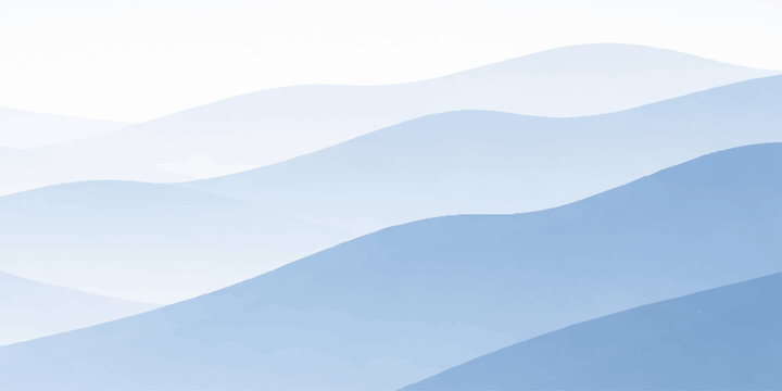 An abstract blue background with waves flows over a misty mountain landscape where winter snow peaks meet a soft sunset sky and fog-filled forest valleys