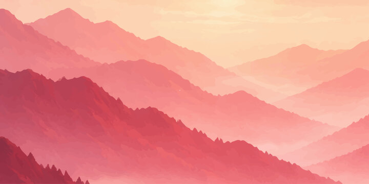 A misty blue mountain range at sunrise creates a serene nature landscape with a fog covered forest valley under a soft morning sky