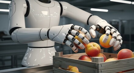White robot arm picking up apples and oranges from a wooden crate mechanical hand