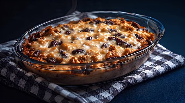 A close-up shot of a baked dish in an oval glass pan. The dish sits on a checkered cloth, steam rises gently above. A delicious meal
