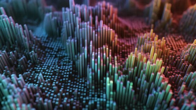 An abstract, digitally rendered image showcasing a three-dimensional landscape of vertical rectangular forms. The color palette spans from blues and greens