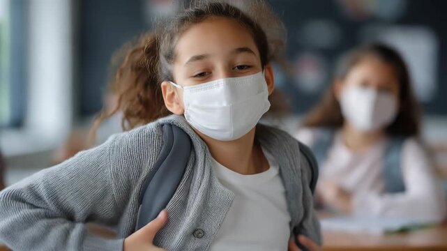 School child wears face mask while attending class in a classroom setting, focusing on safety measures during modern education