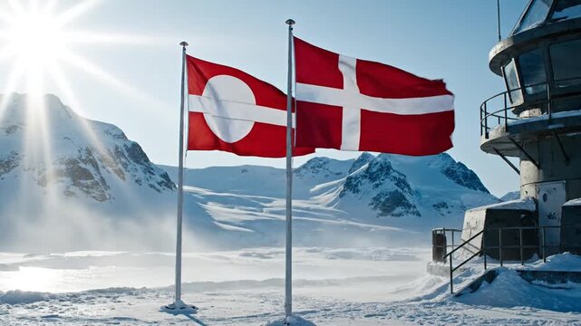 Flags of greenland and denmark waving against snowy landscape