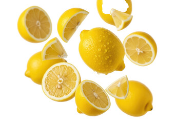 Fototapeta premium Ripe, bright yellow lemons (whole, half-cut, wedged) with glistening water droplets dynamically scattered mid-air on a transparent studio background. Concept of invigorating zest