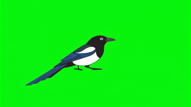 Magpie walking, cartoon style, flat vector, chroma key, green screen, footage, loop