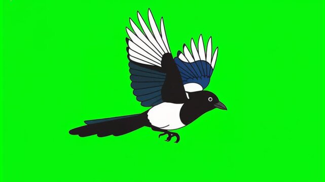 Magpie in flight, side view, cartoon style, flat vector, chroma key, green screen, footage, loop