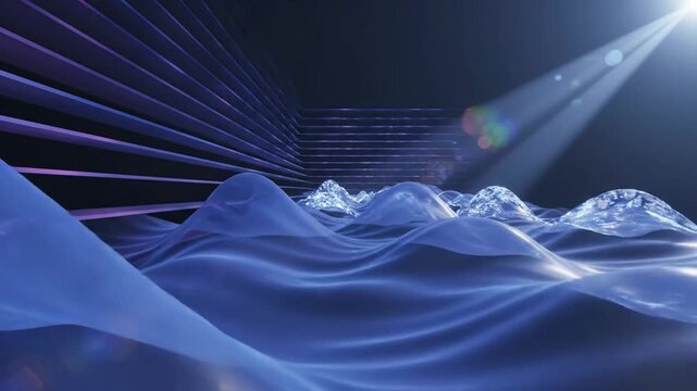 Abstract digital landscape with wave forms and light beams futuristic design