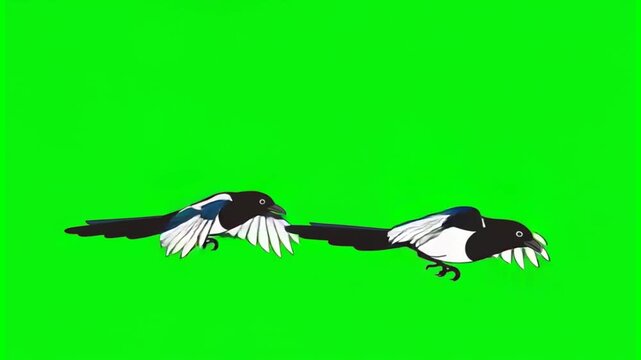 Two magpies flying and a third approaching. Flat cartoon vector style. Footage, green screen, chroma key.