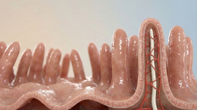 Microscopic view of human small intestine villi showing their folded structure and internal blood supply for nutrient absorption.