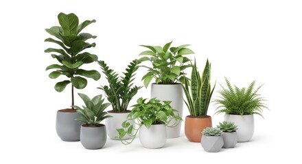 Fototapeta premium A collection of potted plants arranged on a white surface, showcasing a variety of greenery and pot designs.