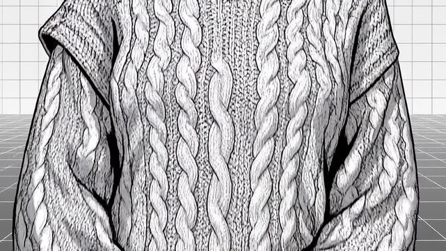 Detailed grayscale drawing of a woman in a cable-knit turtleneck sweater in multiple views