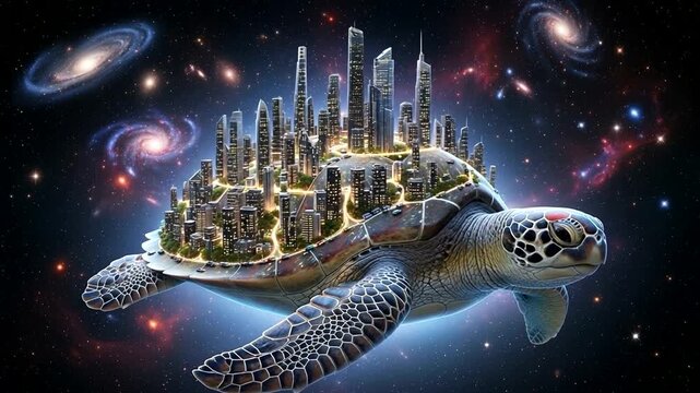 Futuristic City on Turtle Back in Space.