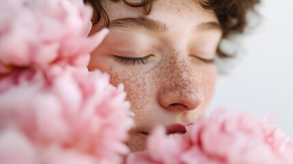Close-up of a young woman with freckles smelling fresh pink peony flowers with eyes closed.