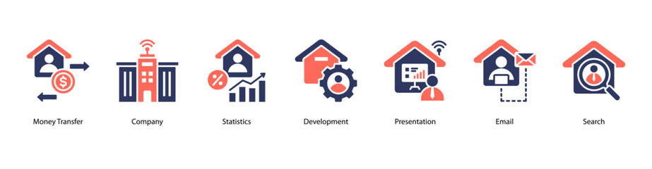 Corporate Operations web banner vector illustration featuring Money Transfer, Company, Statistics, Development, Presentation, Email, and Search.