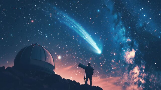 Person watching comet beside observatory at night
