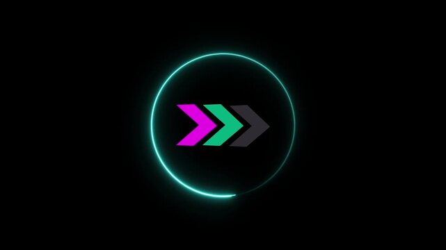 Abstract glowing neon arrow icon animation on black background,with 4k video animation.