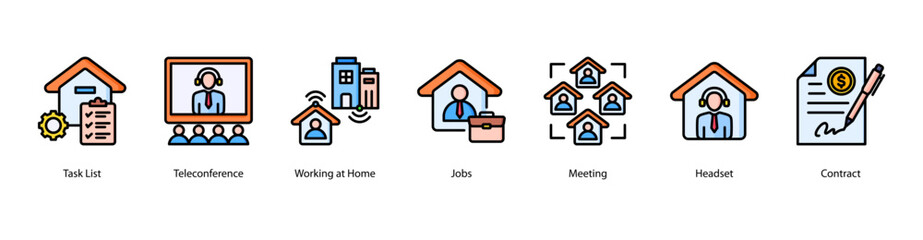 Fototapeta premium Virtual Collaboration web banner vector illustration featuring Task List, Teleconference, Working at Home, Jobs, Meeting, Headset, and Contract.