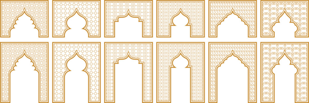 Geometric patterns of traditional islamic arches with detailed lattice designs