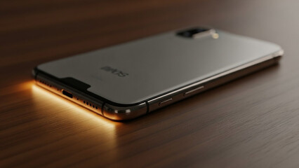 Close-up of sleek silver smartphone with glowing light on wooden surface at night