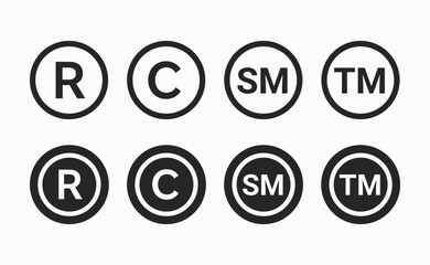 Registered trademark icon. all rights reserved symbols. Patent registered icon vector design and illustration. Tm copyright, intellectual property icon set. Protection of idea, intellectual property