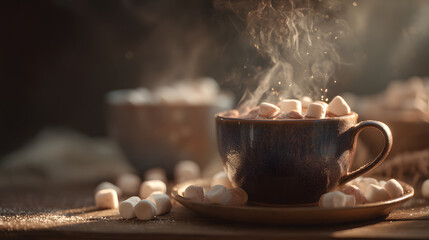 Fototapeta premium Steaming hot chocolate with marshmallow topping in ceramic cup on saucer, cozy warm beverage in soft morning light