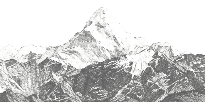Detailed monochromatic illustration of a majestic snow-capped mountain range, conveying a sense of scale and natural grandeur