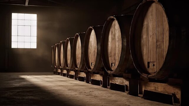 Aged wooden barrels in a dark, dusty cellar with light from a window, showcasing traditional wine or spirit maturation.