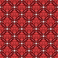 Elegant seamless damask pattern with classic ornamental floral motifs in rich red tones. Luxury vintage background ideal for wallpaper, fabric, textile, packaging, wrapping paper, and interior design.