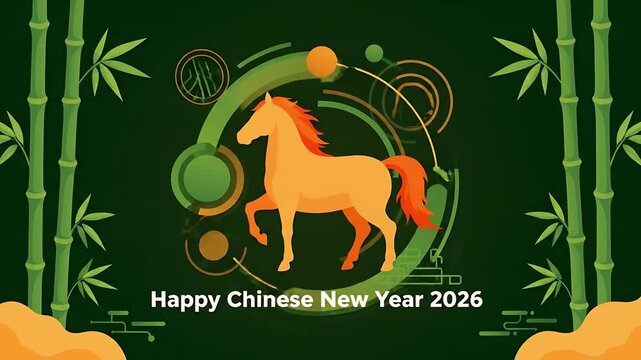 Vibrant Chinese New Year Year of the Horse graphic illustration featuring a golden animal silhouette and decorative green bamboo pattern on a dark festive background
