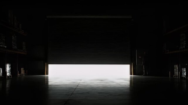 Warehouse Worker Closing Large Industrial Roller Door with Bright Light