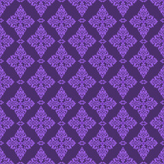 Elegant seamless damask pattern in purple tones with classic floral ornaments. Luxury vintage style ideal for wallpaper, textile, fabric, interior decor, and decorative backgrounds.