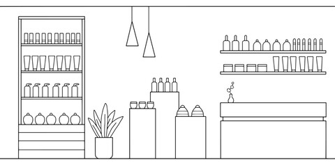 Cosmetics store graphic shop black white interior sketch illustration vector 