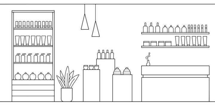 Cosmetics store graphic shop black white interior sketch illustration vector 