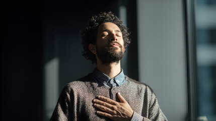 Mental health micro break work professional breathing relaxation stress relief mindfulness, man in sunlight practicing calm pause at office window