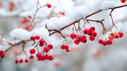 Vibrant red berries on a snow covered bush with bright red and slight orange hues under soft winter lighting