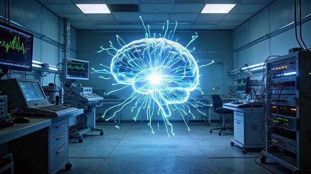 Lab with glowing brain hologram