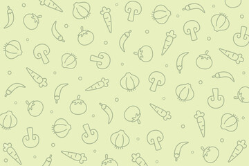 Light outlined vegetable seamless pattern showcasing carrots, garlic, mushrooms, tomatoes, and assorted vegetables on a pale green background. Ideal for organic labels and healthy lifestyle designs.
