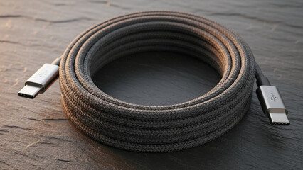 Coiled USB Cable with Silver Connectors on Dark Wooden Surface for Electronics and Accessories