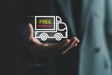 Businessperson presenting fast-moving delivery truck icon with FREE SHIPPING. Visual concept for promotions, e-commerce marketing, shipping services and customer incentives.