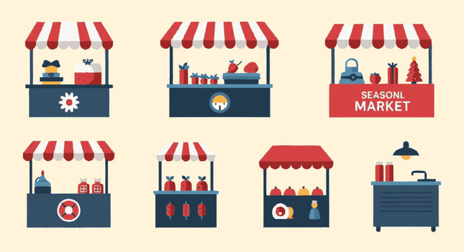 Collection of Various Market Stalls and Kiosks.